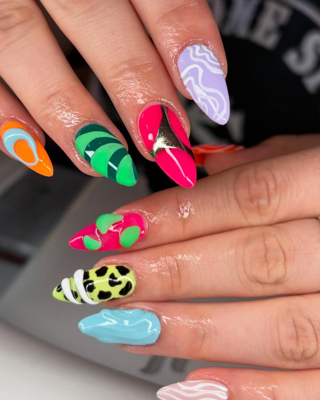 Vibrant Mismatched 3D Abstract Funky Nails