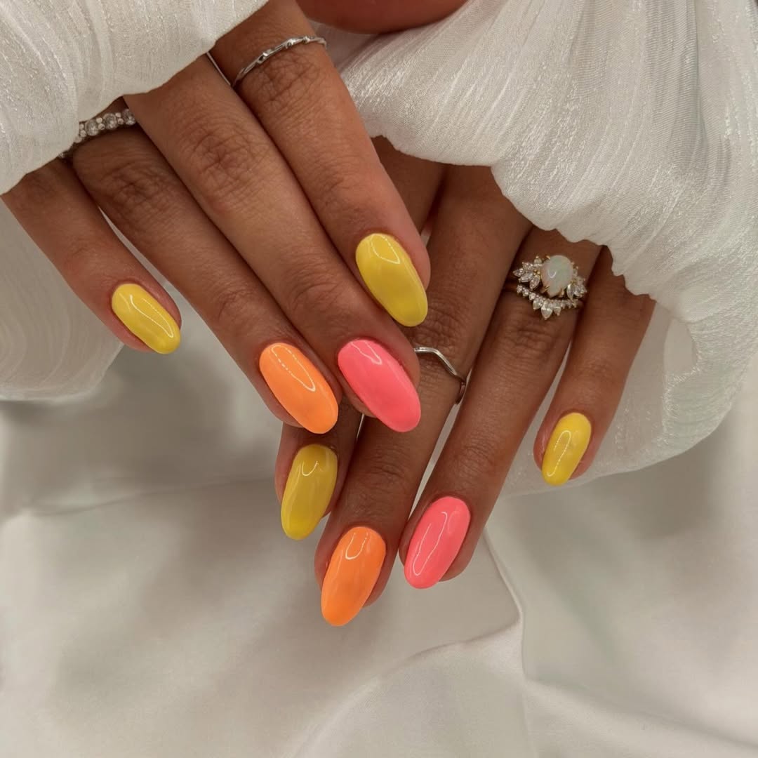 Vibrant Mixed Neon Bright Glossy Oval Nails