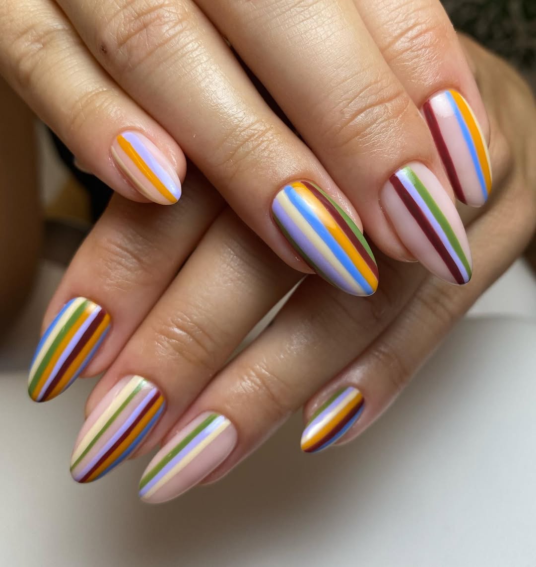 Vibrant Multicolored Striped Glossy Almond Nails