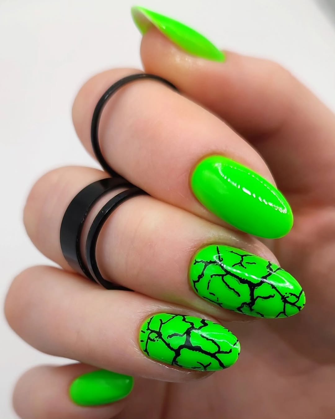 Vibrant Neon Green Glossy Crackle Oval Nails