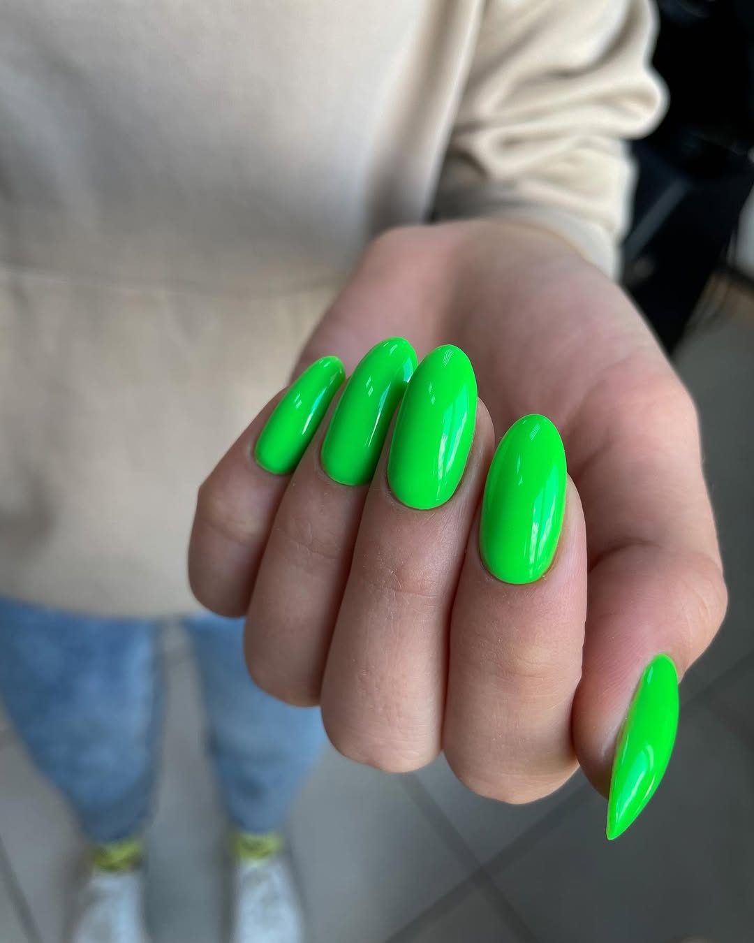 Vibrant Neon Green Glossy Oval Nails