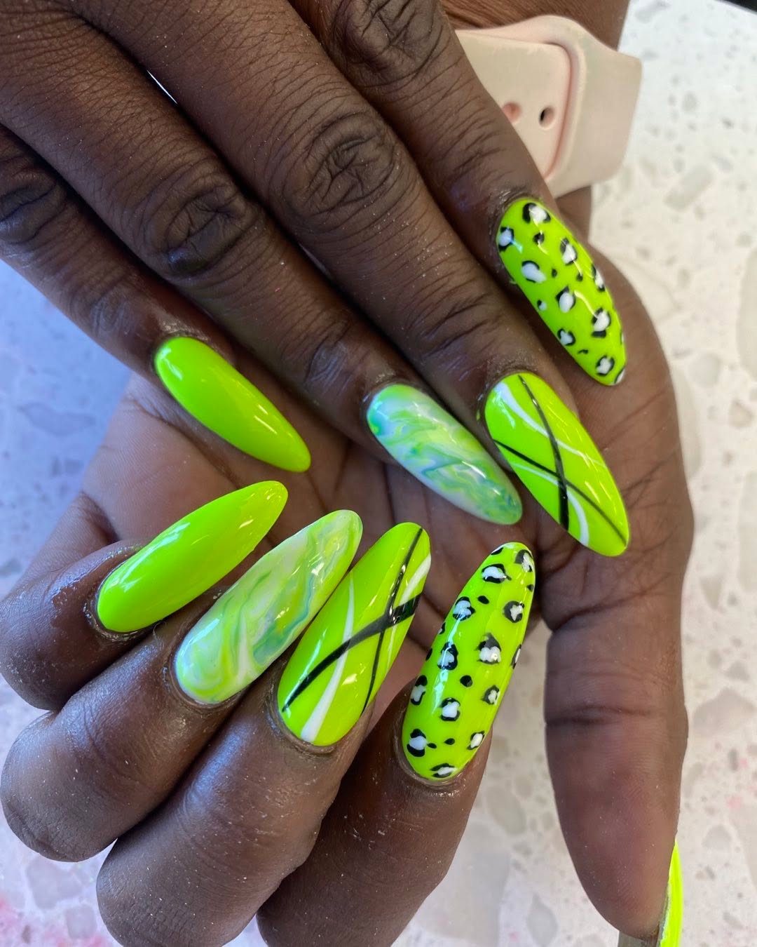 Vibrant Neon Green Leopard Swirl Coffin Nails
