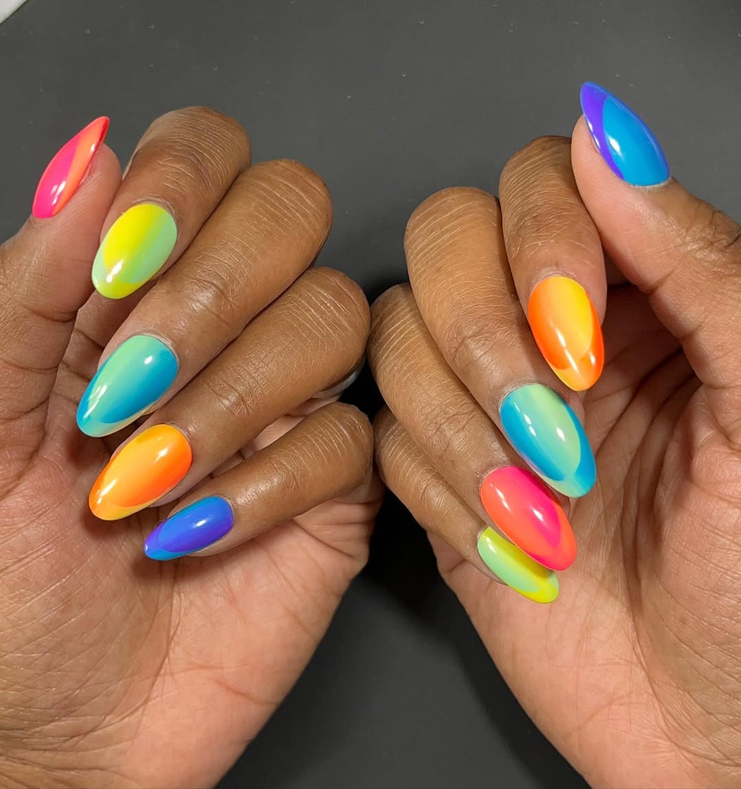 Vibrant Neon Ombré Almond Long Nails