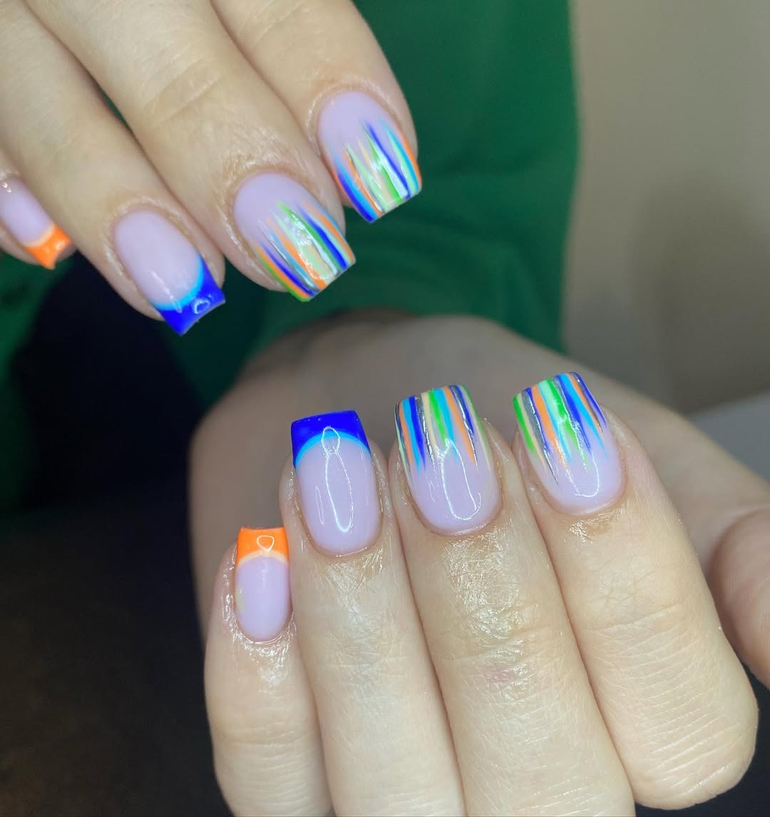 Vibrant Neon Ombre French Tip Square Nails