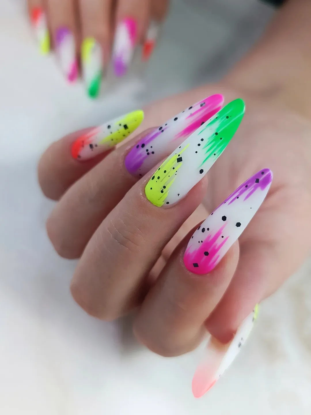 Vibrant Neon Ombre Sprinkle Stiletto Nails