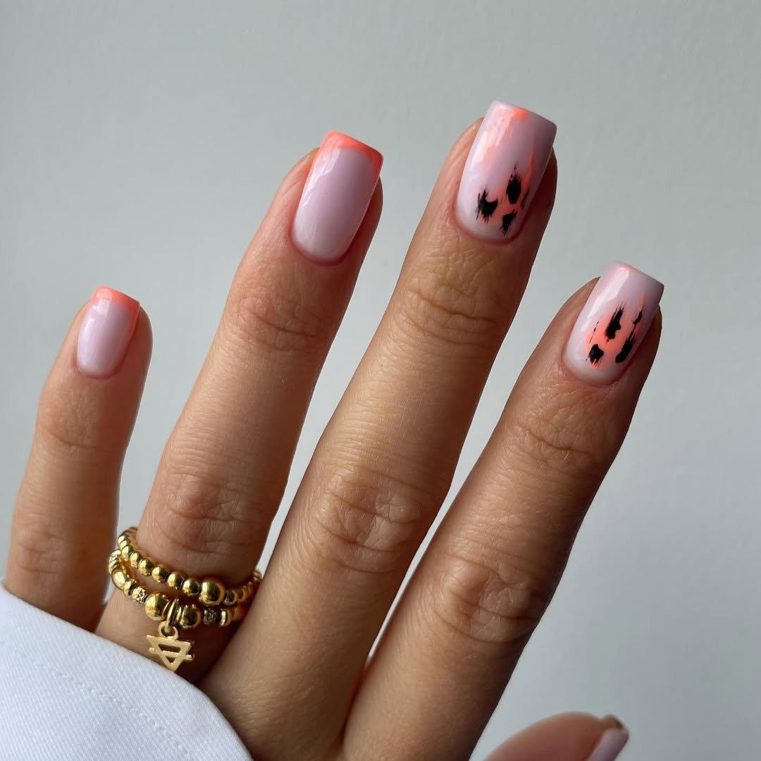 Vibrant Neon Orange Abstract French Tips