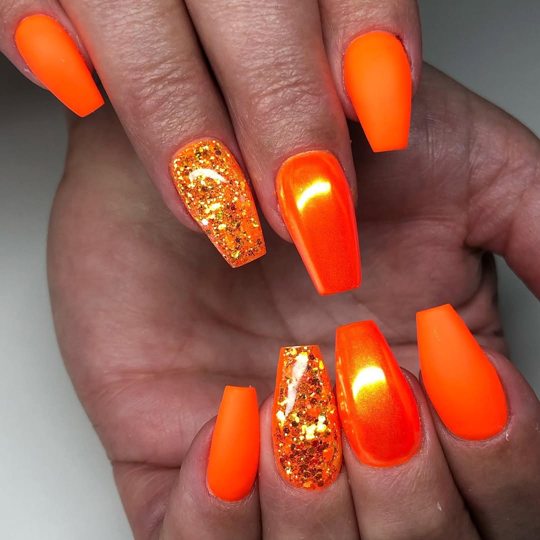 Vibrant Neon Orange Glitter and Metallic Coffin Nails