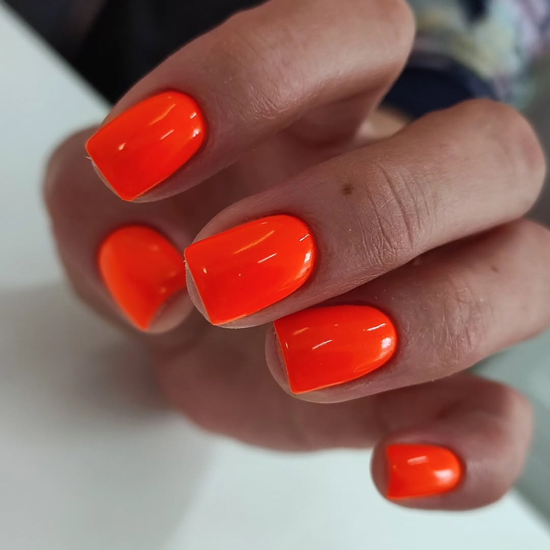 Vibrant Neon Orange Glossy Short Square Nails