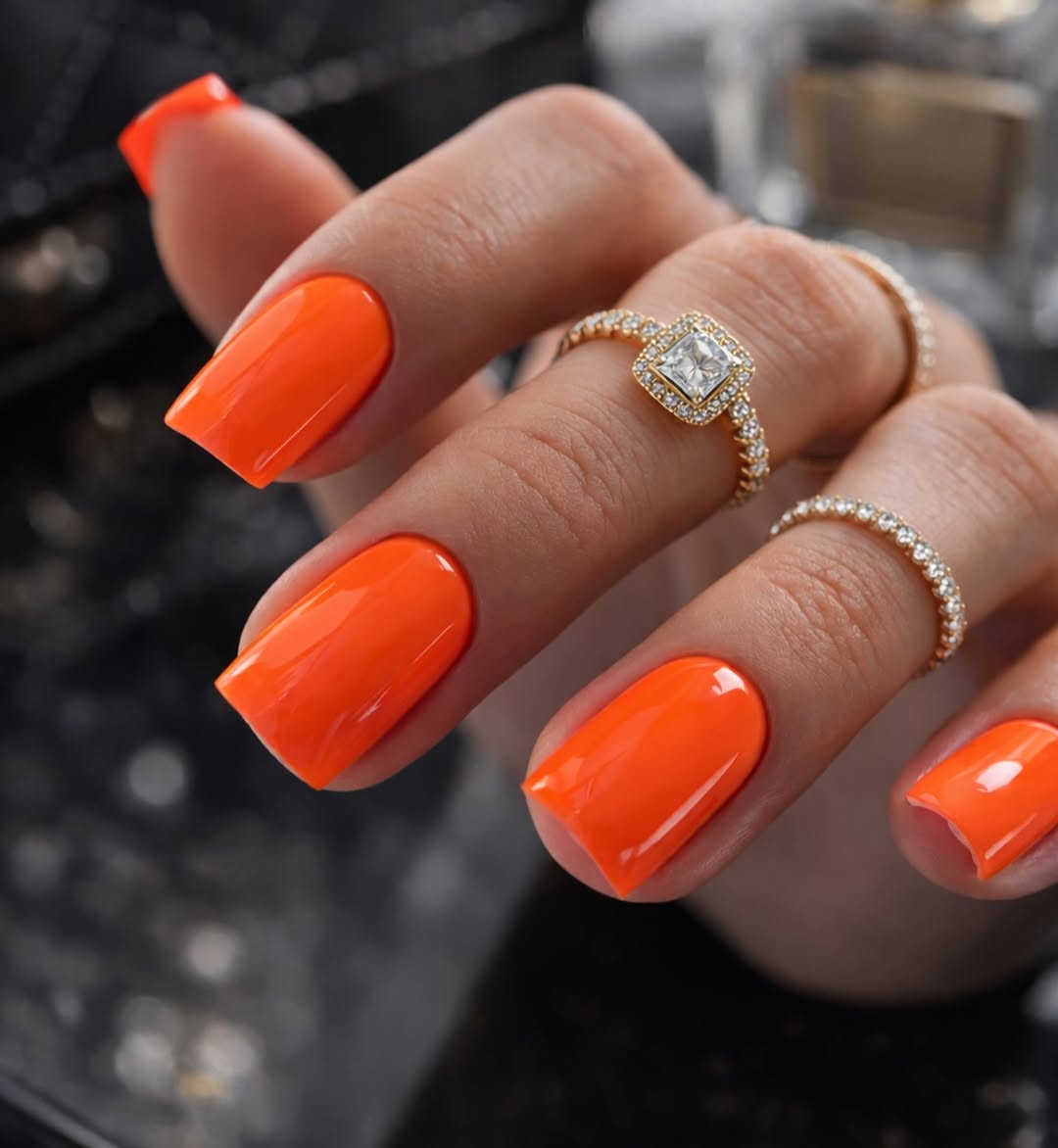 Vibrant Neon Orange Square Glossy Nails