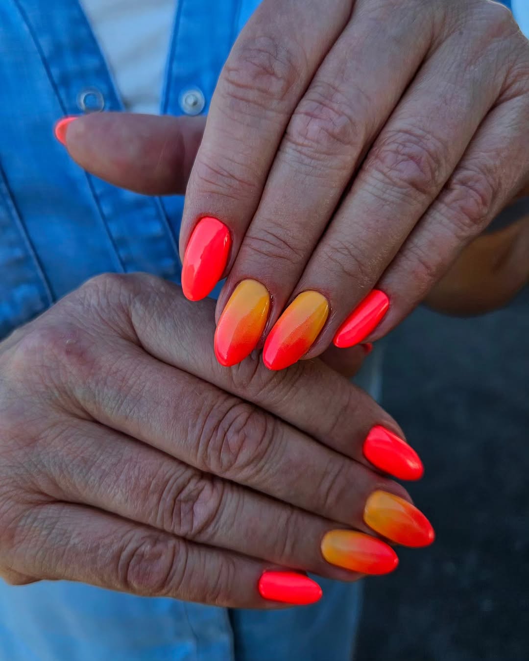 Vibrant Neon Orange Yellow Ombre Almond Nails