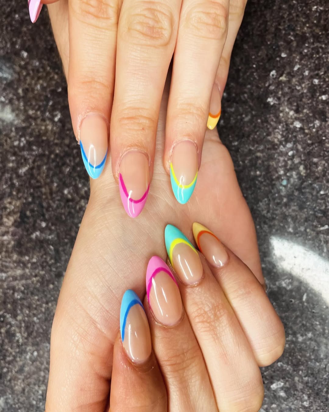 Vibrant Neon Outline French Tip Almond Nails