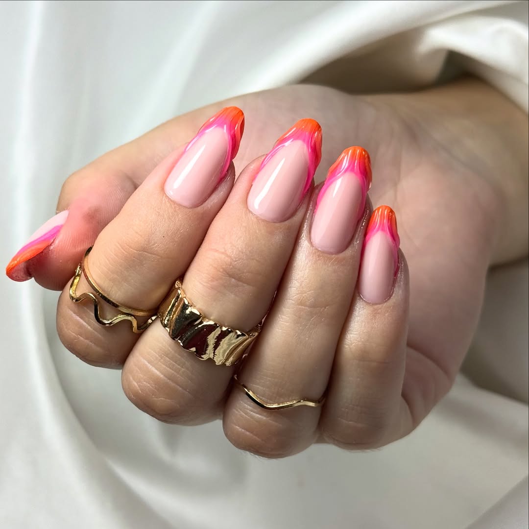 Vibrant Neon Pink Orange Gradient French Tips
