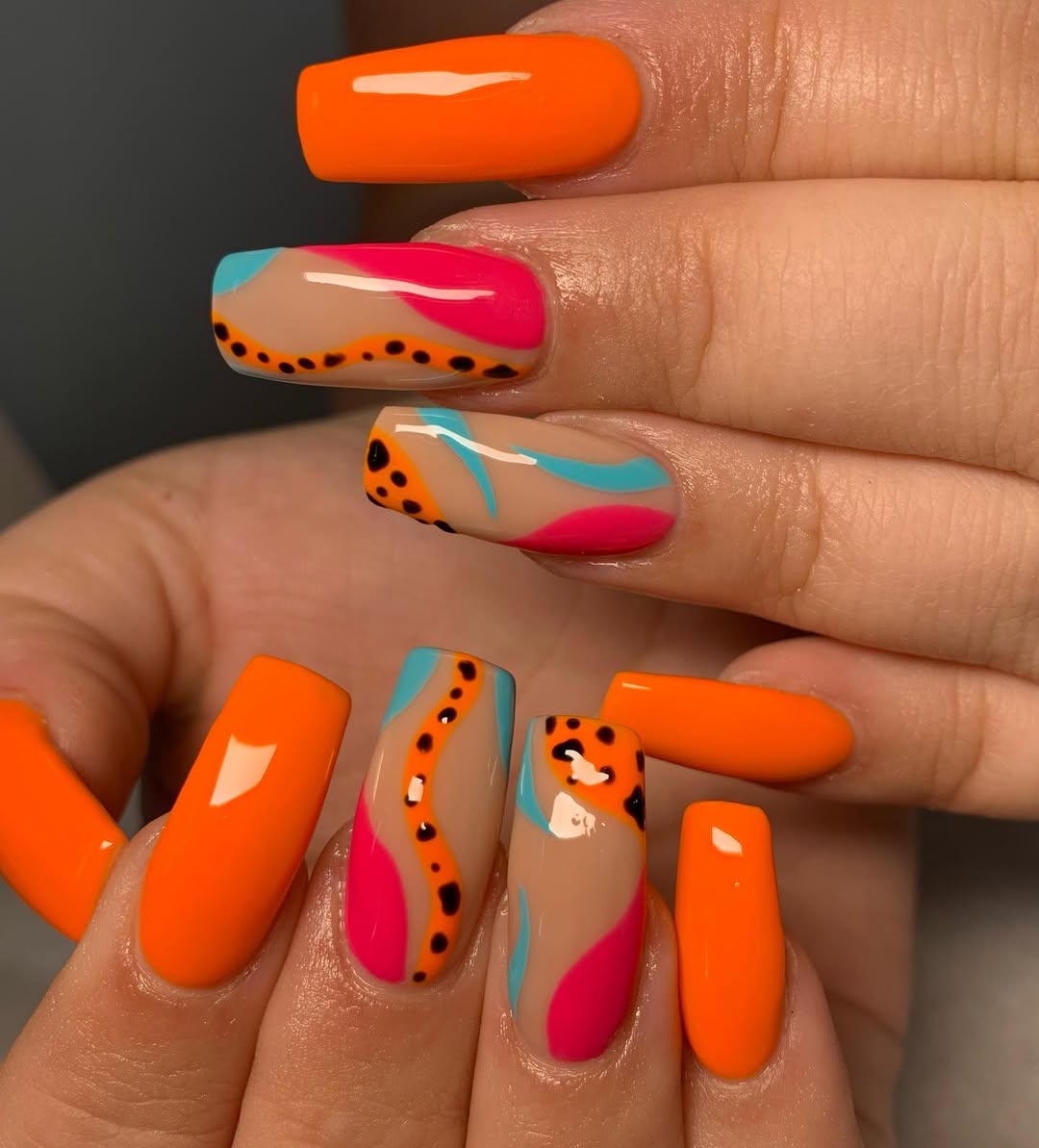 Vibrant Neon Squiggle Abstract Coffin Nails