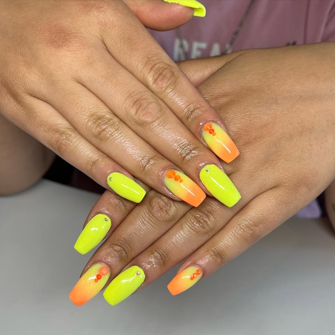 Vibrant Neon Yellow to Orange Ombre Coffin Nails