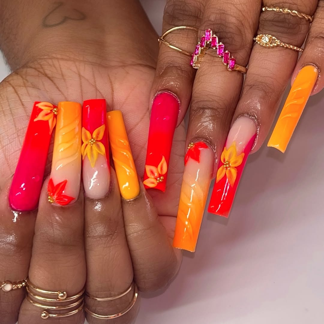 Vibrant Ombre Summer Dream Nails with 3D Florals
