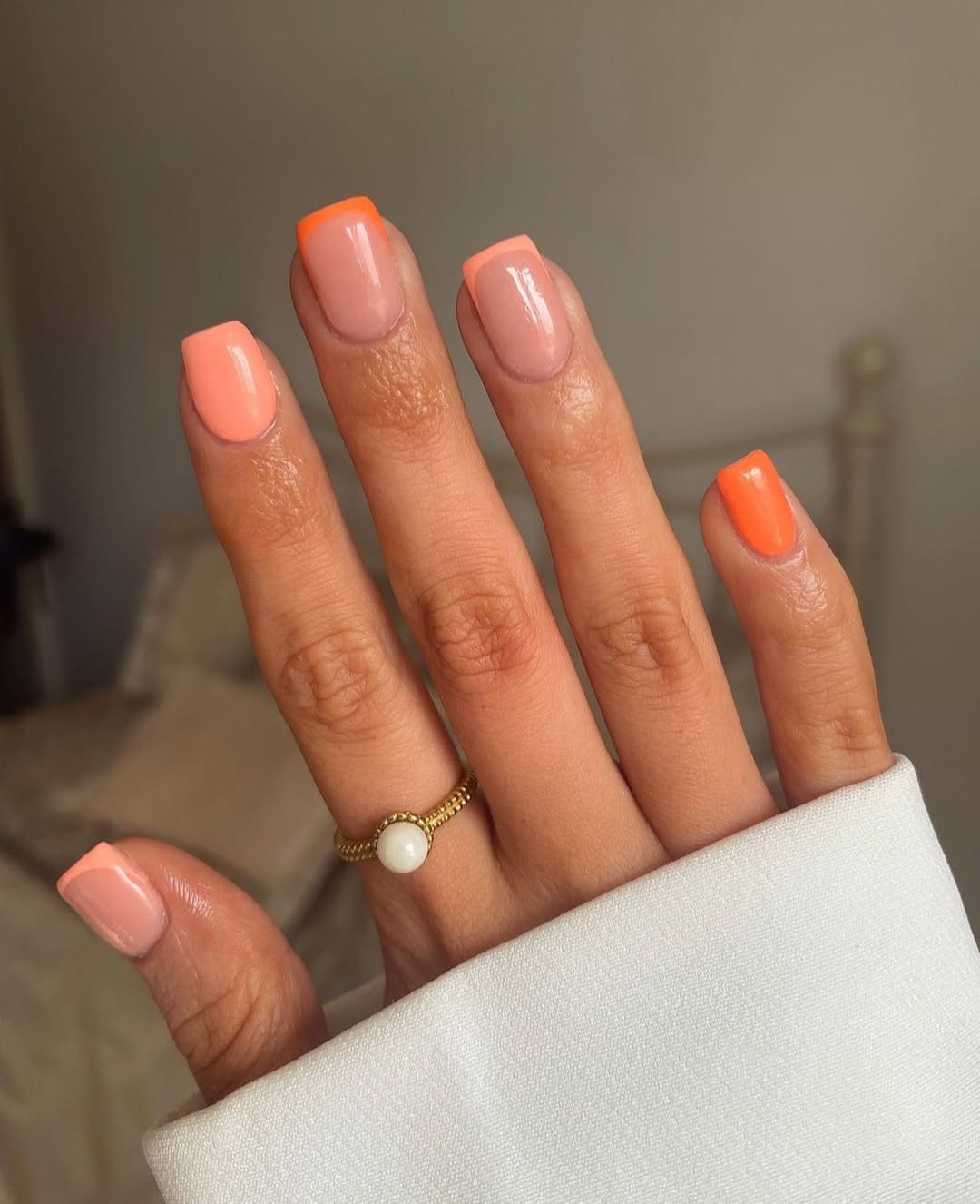 Vibrant Orange And Peach French Tip Short Square Nails