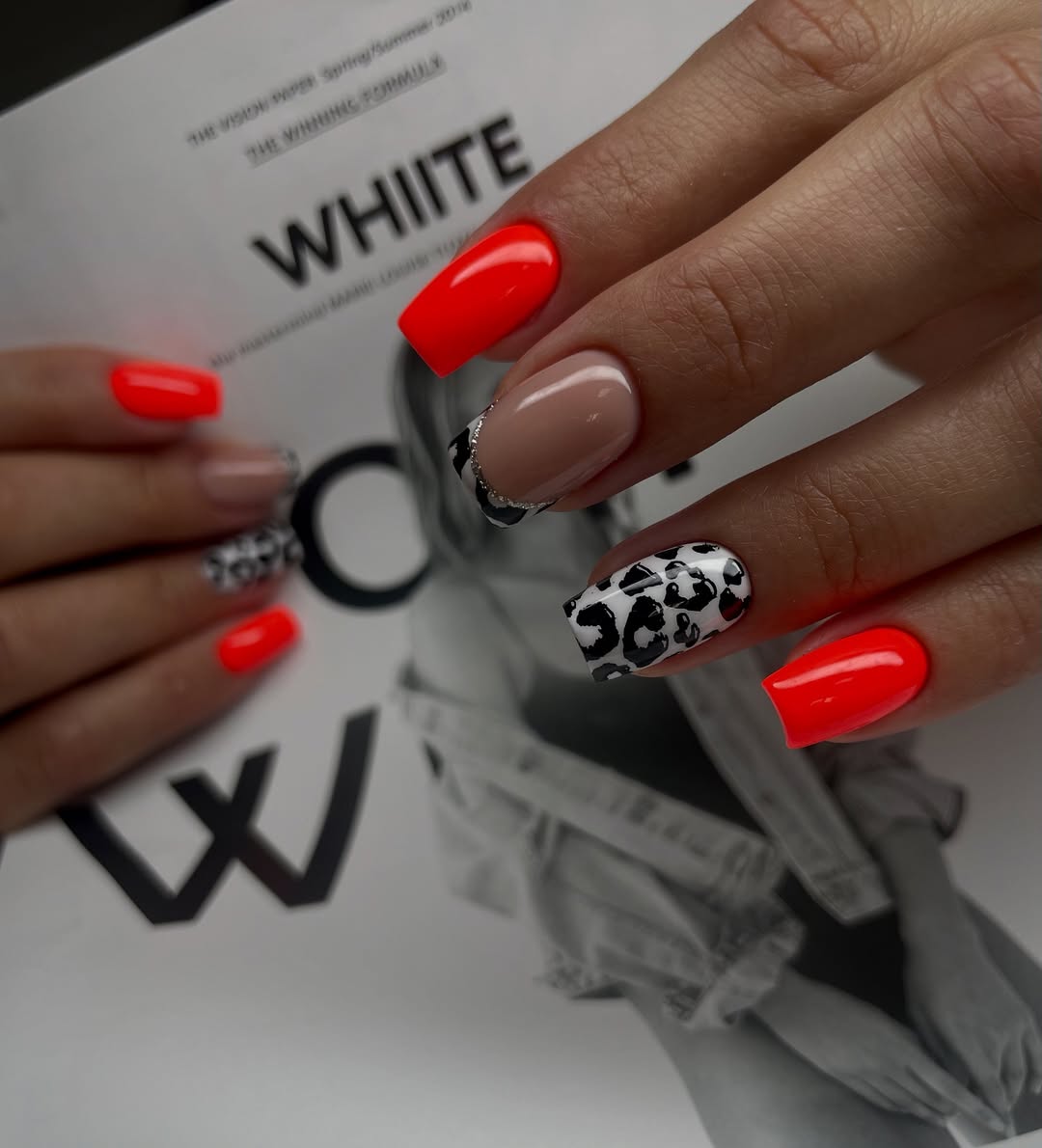 Vibrant Orange Beige Leopard Print Accent Nails