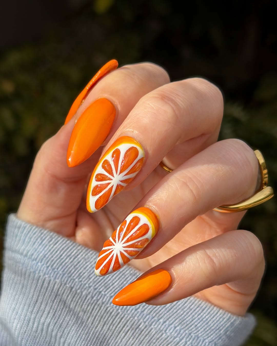 Vibrant Orange Citrus Slice Almond Nails