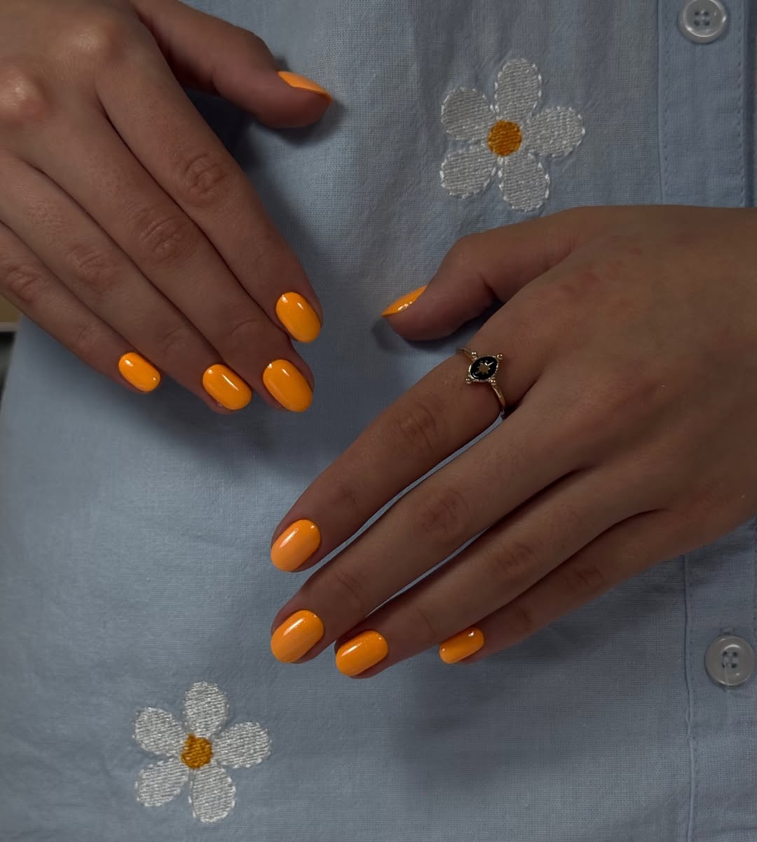 Vibrant Orange Glossy Short Oval Nails