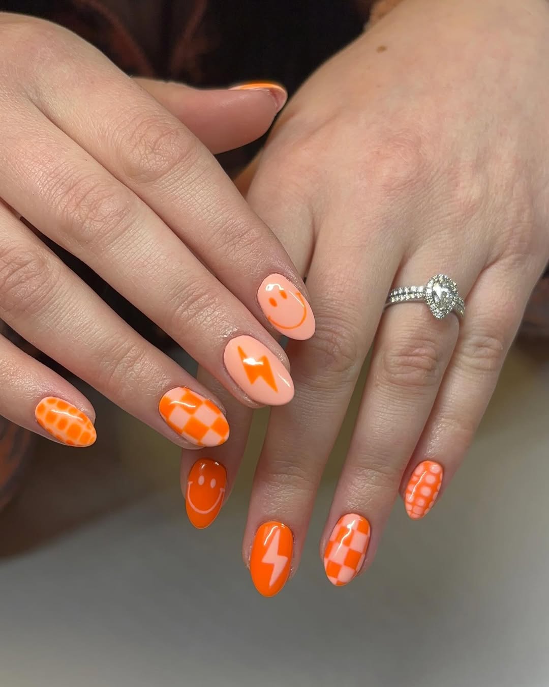 Vibrant Orange Mixed Media Oval Summer Nails