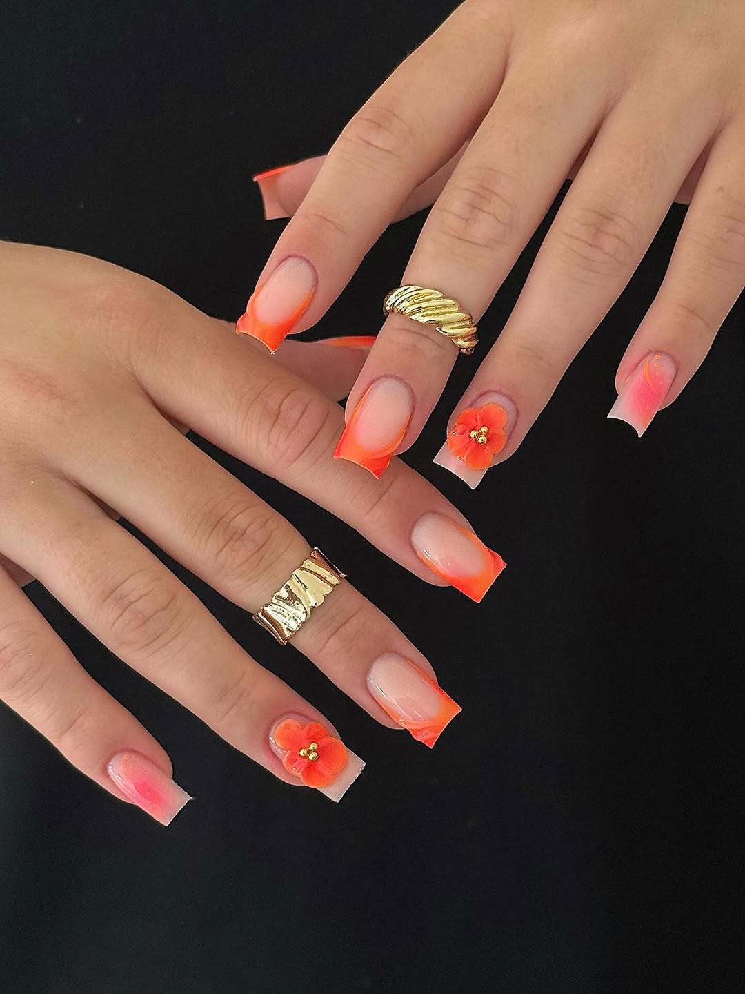 Vibrant Orange Ombré French Tips with 3D Flower