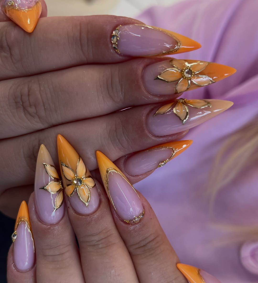 Vibrant Orange Ombre Floral Stiletto Nails