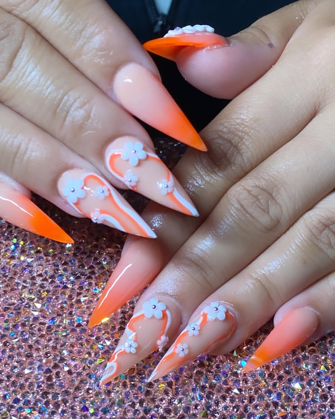 Vibrant Orange Ombre Stiletto Floral Nails