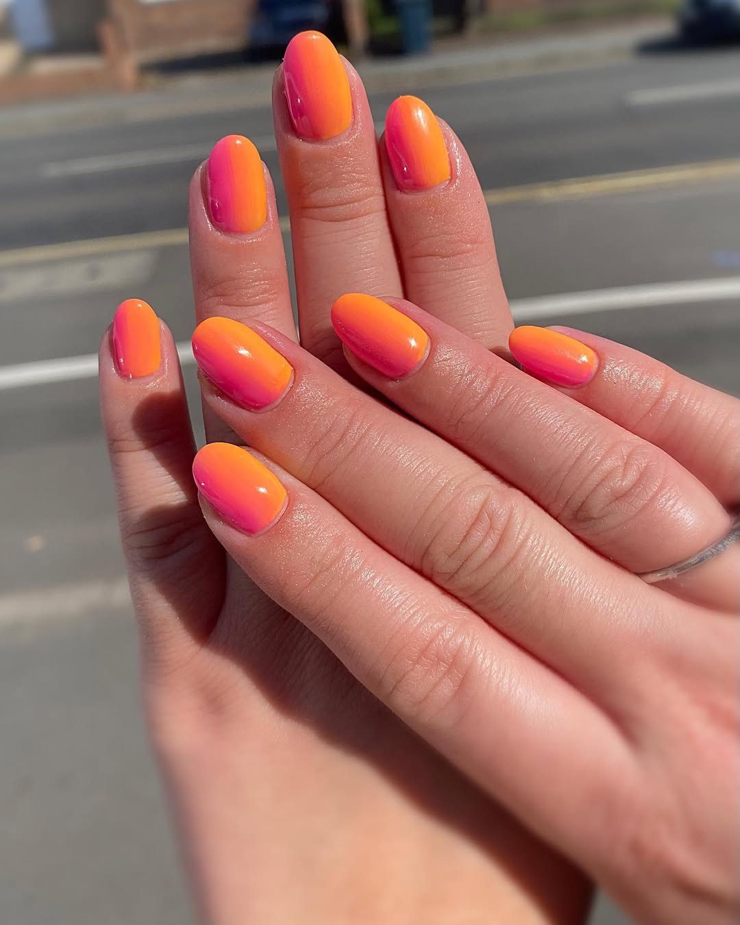 Vibrant Orange Pink Ombre Glossy Oval Nails