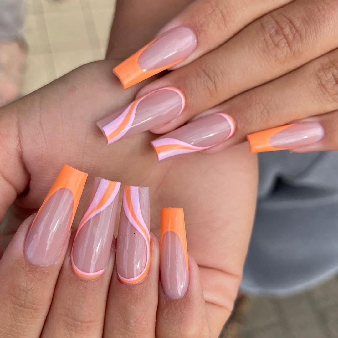 Vibrant Orange Pink Swirl French Tip Coffin Nails