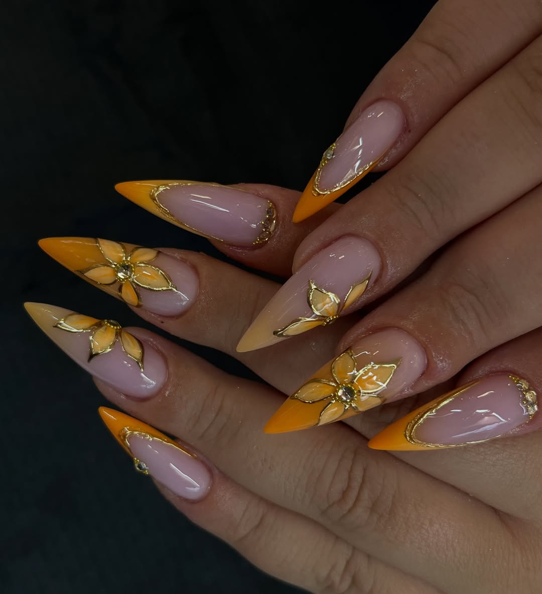 Vibrant Orange Stiletto Floral French Tips