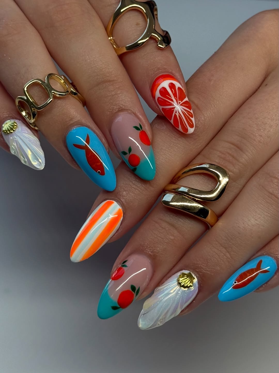 Vibrant Orange Summer Citrus And Fish Nail Art