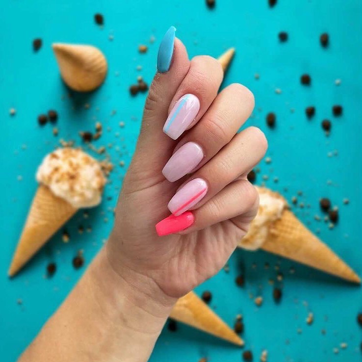 Vibrant Pastel Coffin Nails with Diagonal Stripes