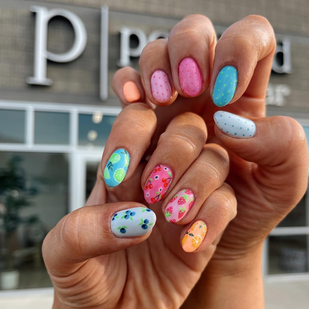 Vibrant Pastel Fruit and Polka Dot Mix and Match Manicure