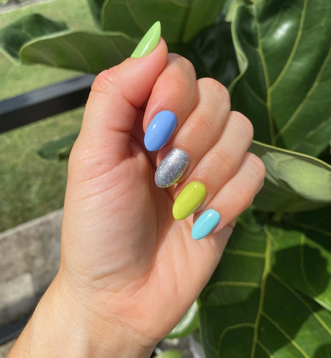 Vibrant Pastel Glossy Mismatched Gel Nails with Sparkle