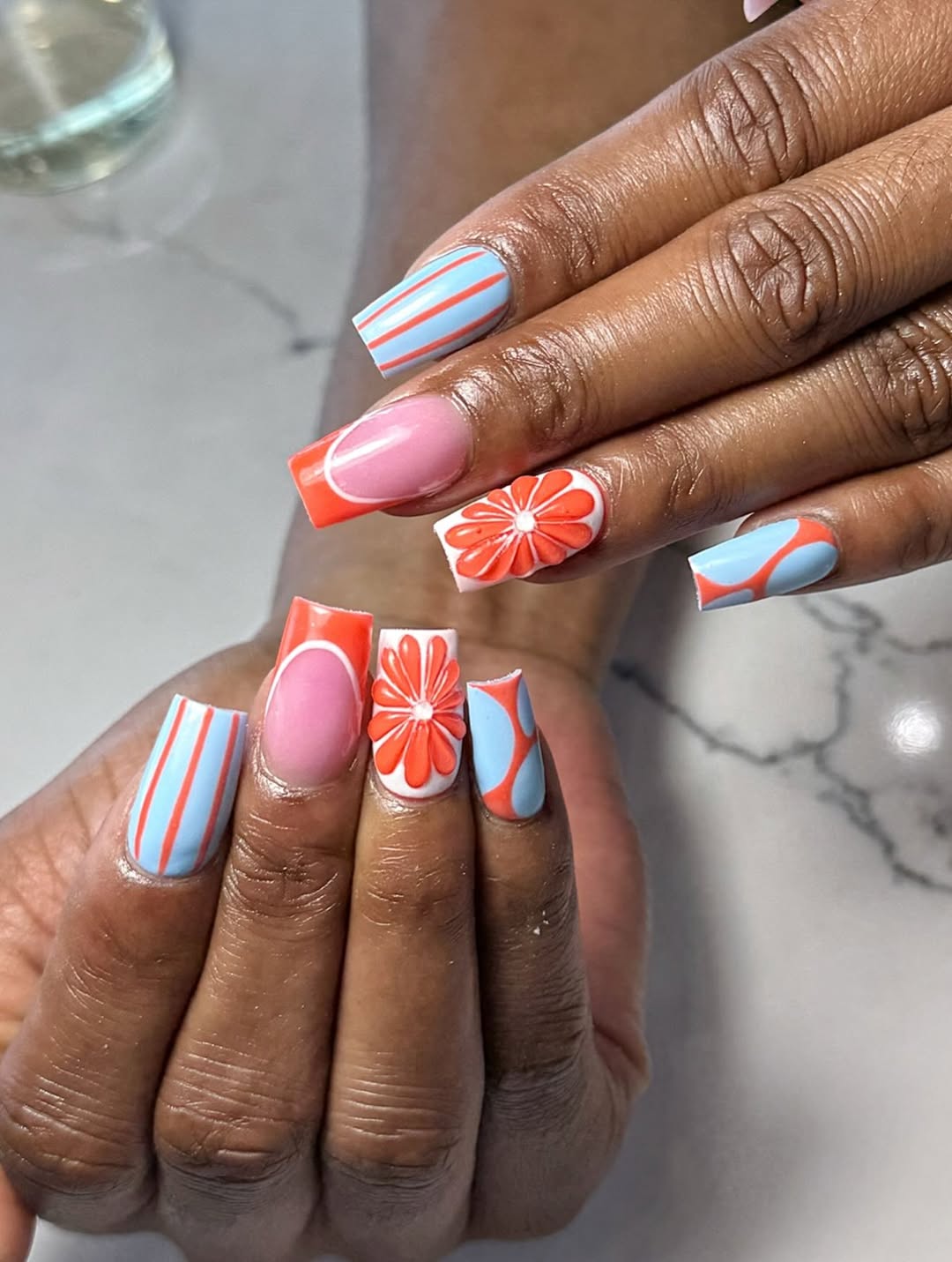Vibrant Pastel Orange and Blue Summer Square Nails