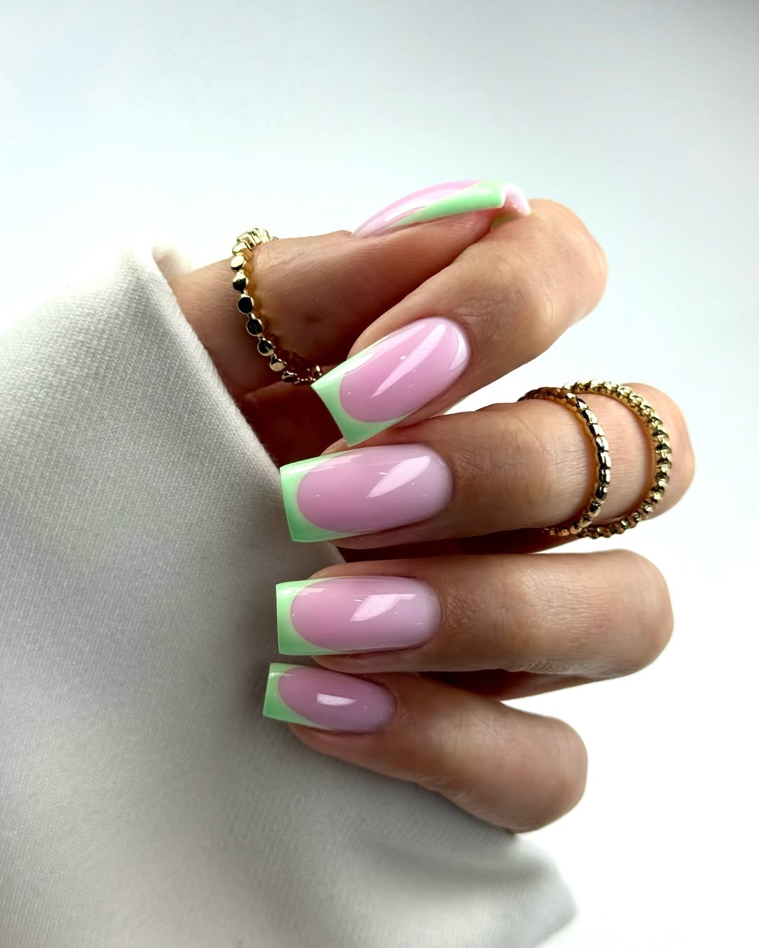 Vibrant Pastel Pink And Green Square French Tip