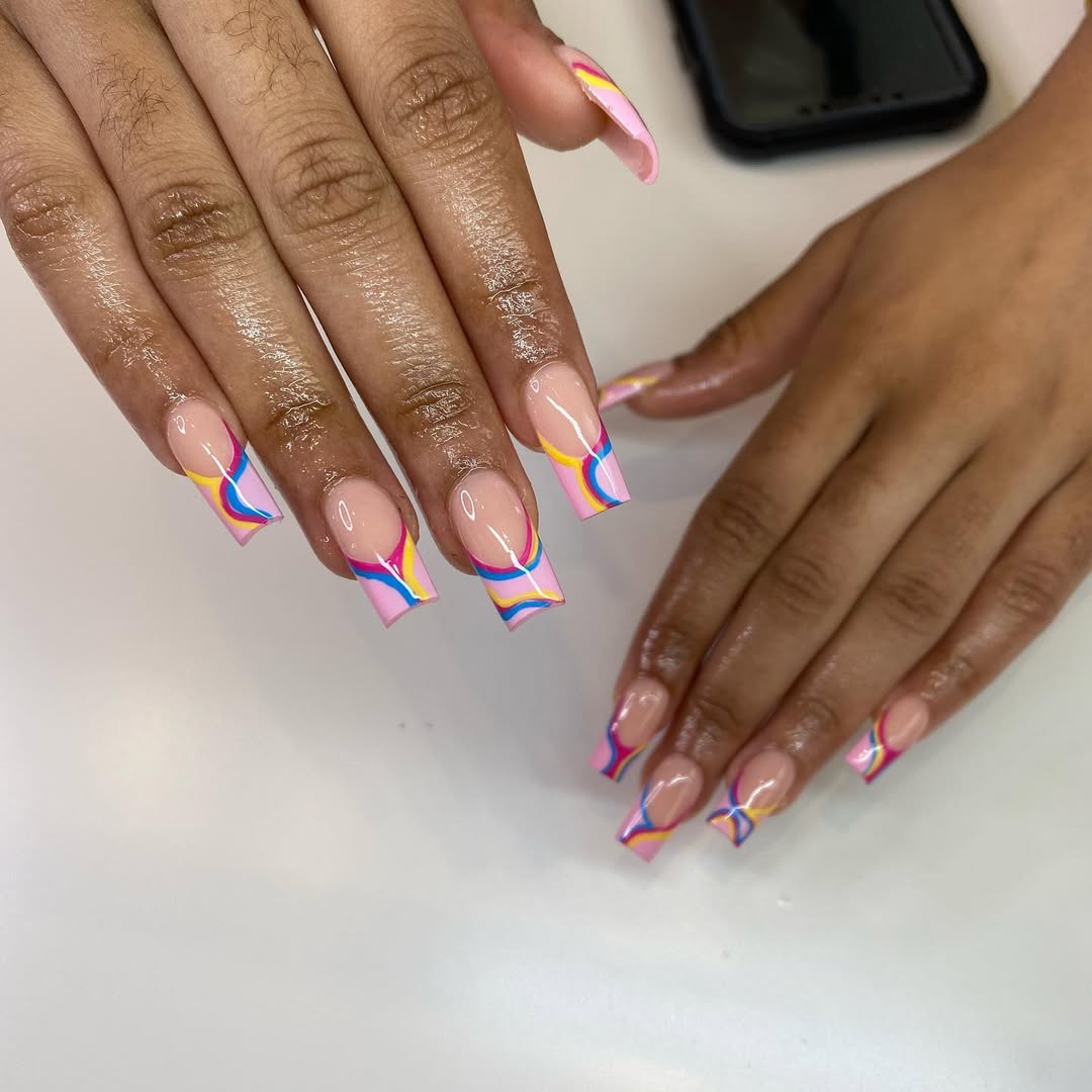 Vibrant Pastel Pink Swirl French Tips