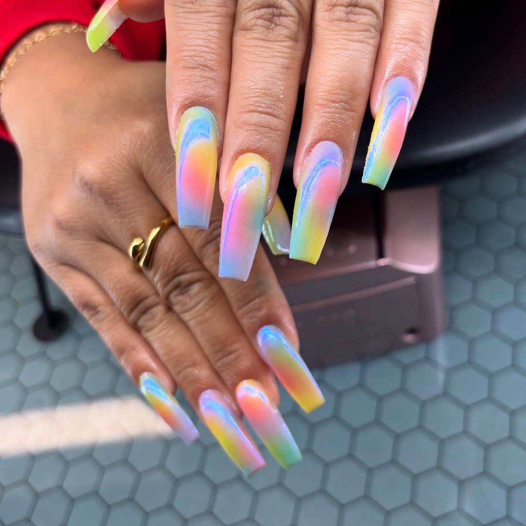 Vibrant Pastel Rainbow Ombré Coffin Nails