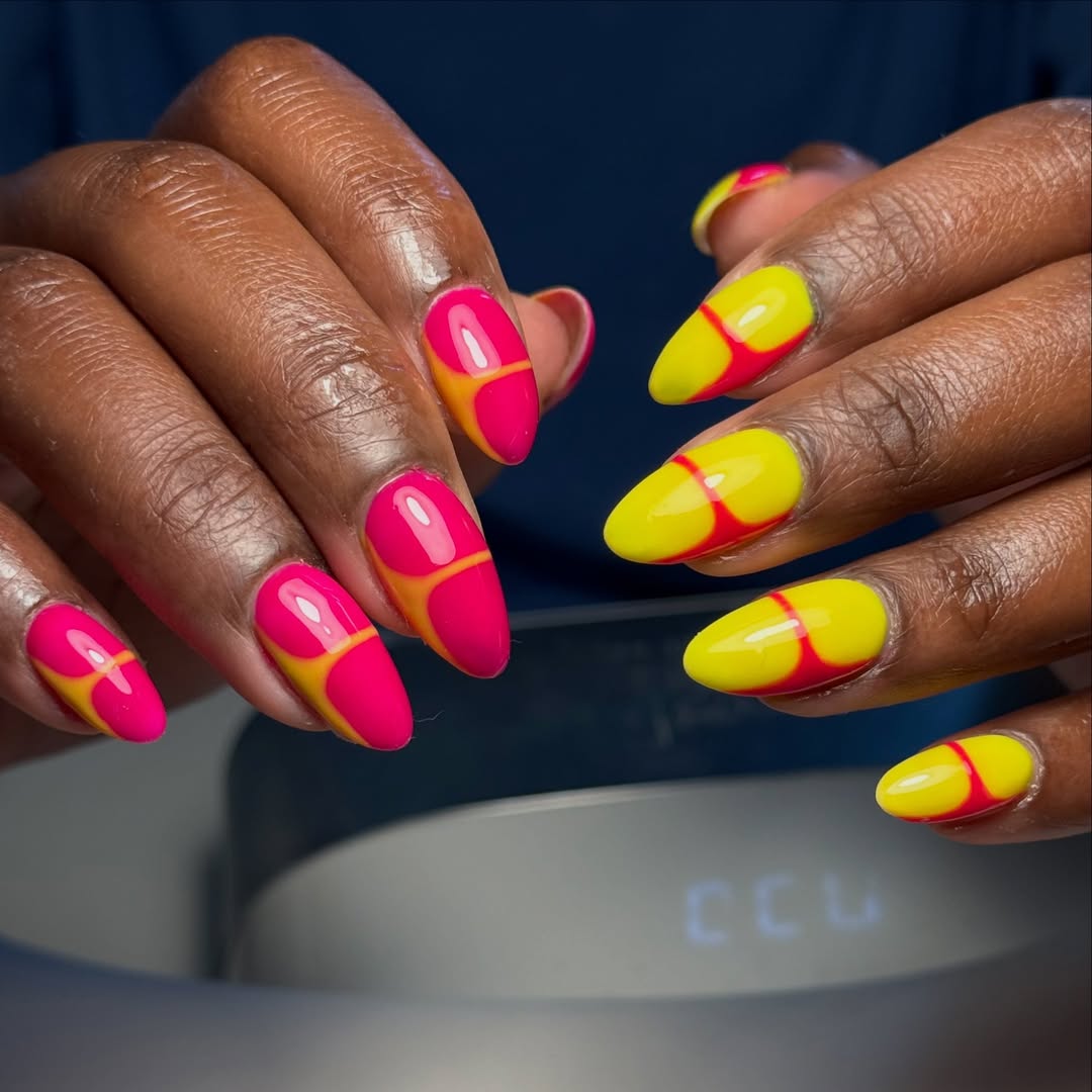 Vibrant Pink and Yellow Abstract Swirl Almond Nails