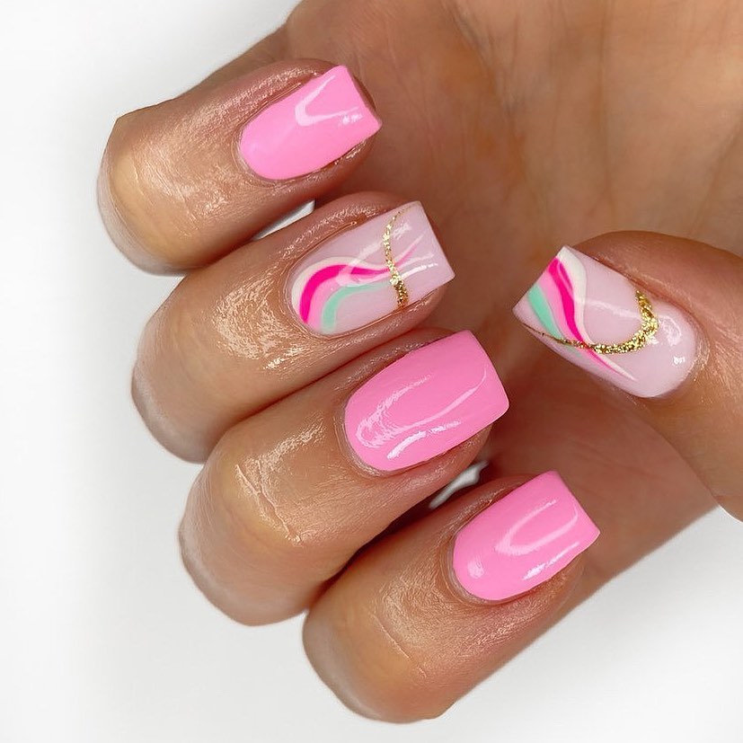 Vibrant Pink Swirl Gold Accent Nails