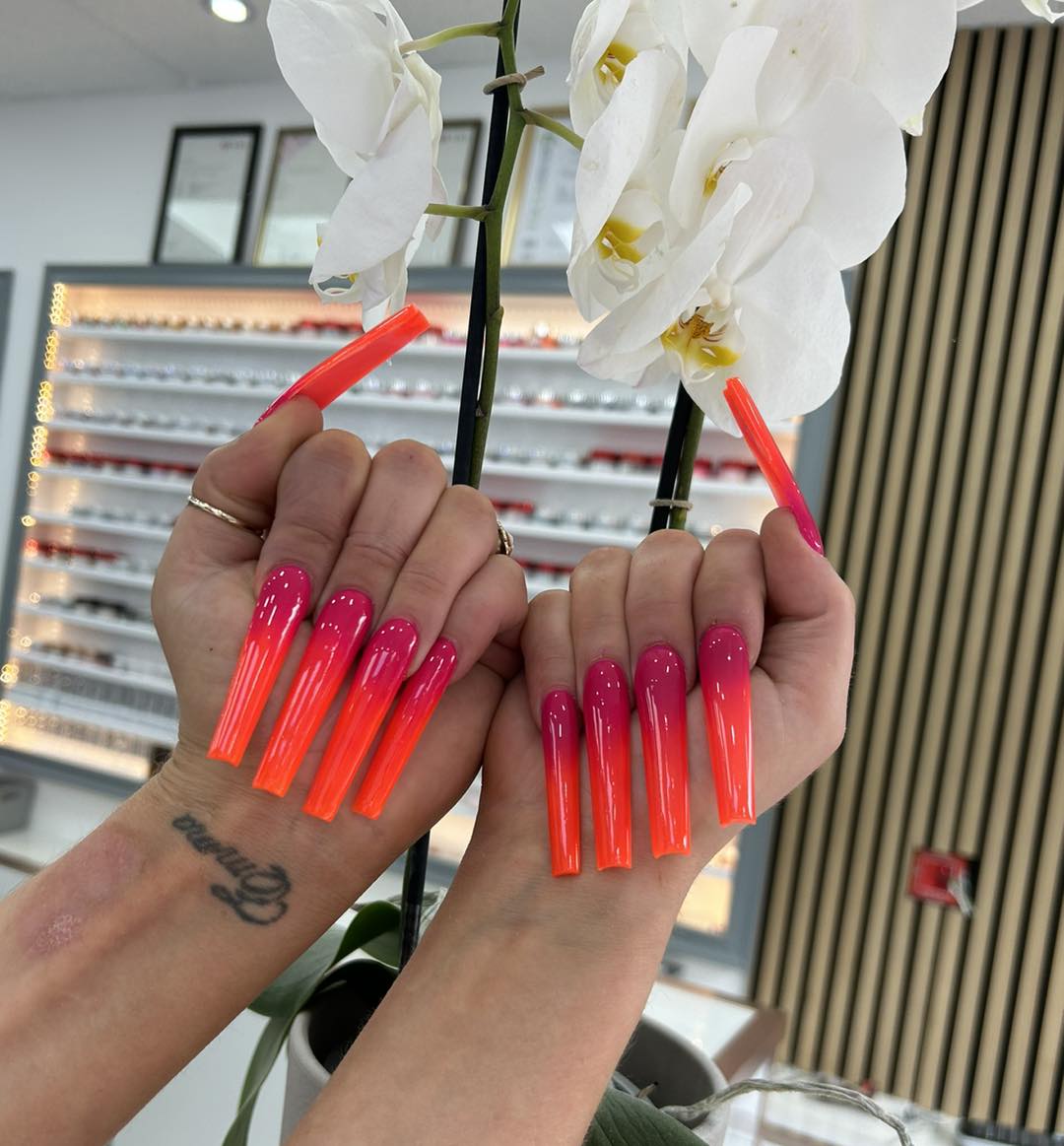 Vibrant Pink to Neon Orange Coffin Ombre Nails