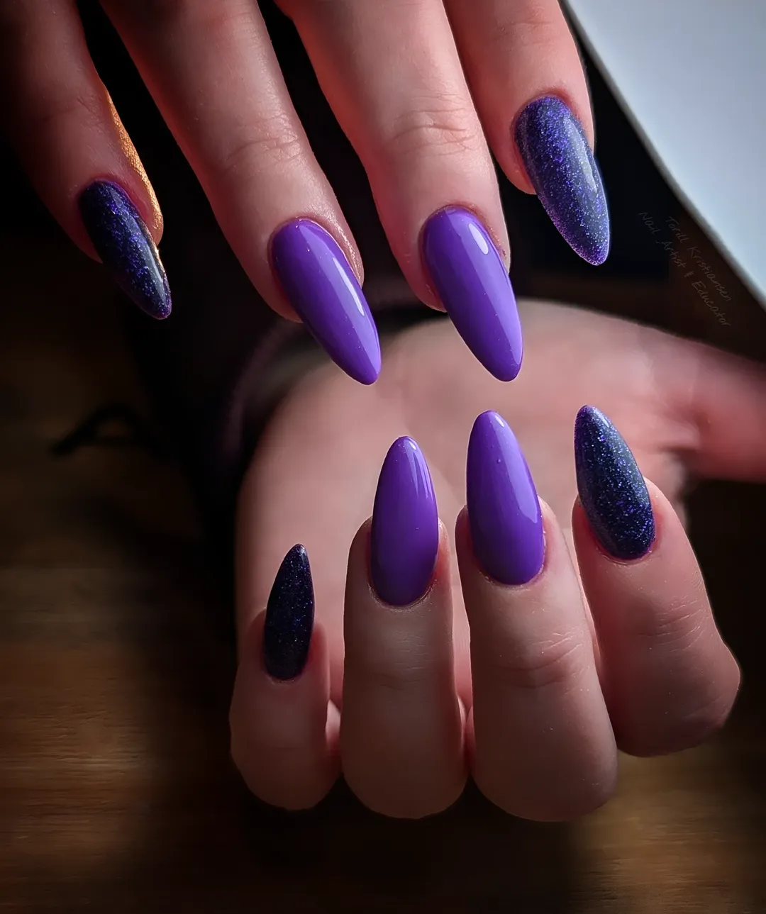 Vibrant Purple and Glitter Stiletto Vacation Nails