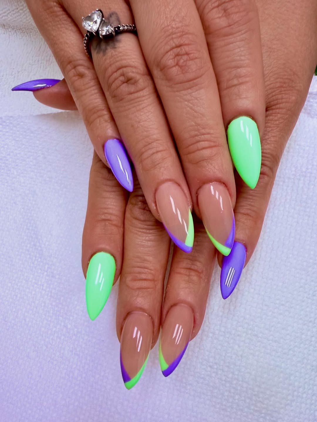 Vibrant Purple and Neon Green Stiletto French Tips