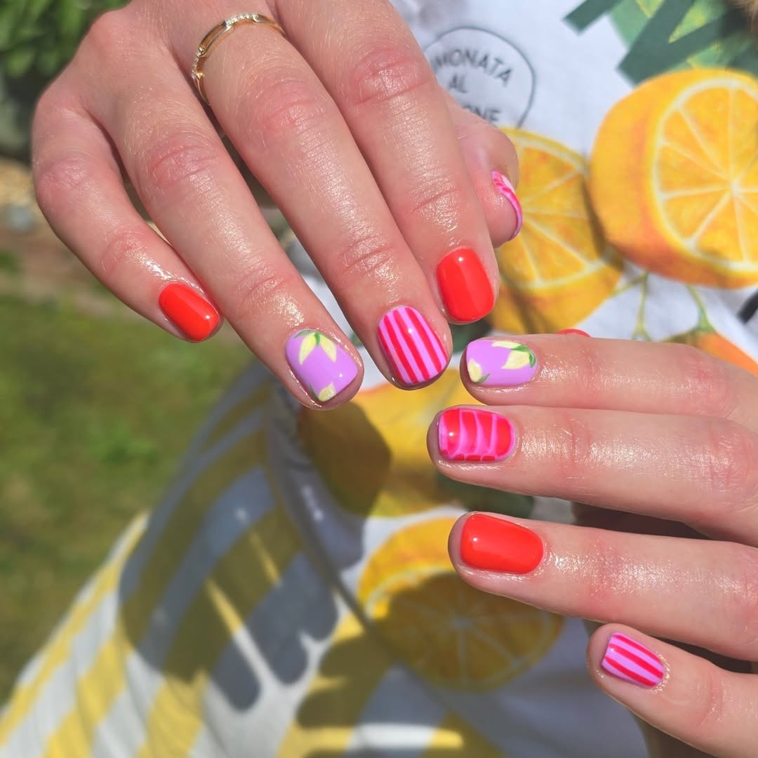 Vibrant Purple And Red Fruit Striped Short Squoval Nails
