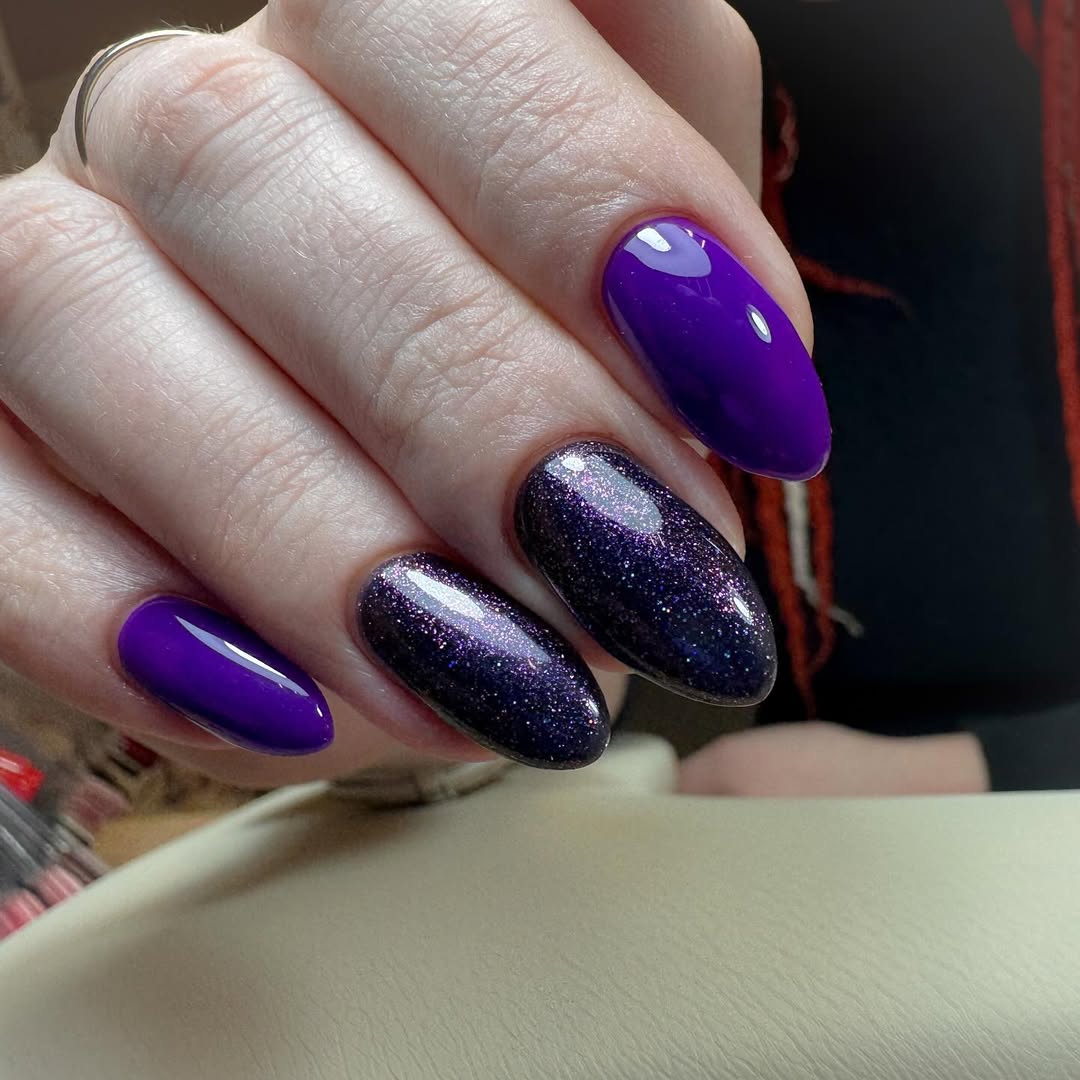 Vibrant Purple and Shimmer Oval Nails
