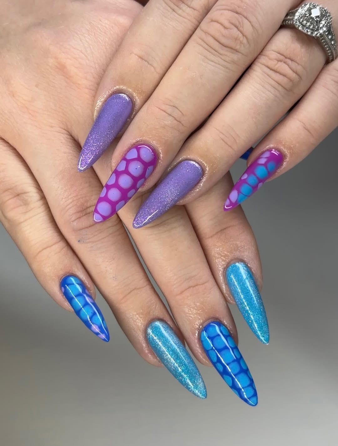 Vibrant Purple Blue Bubble Art Stiletto Nails