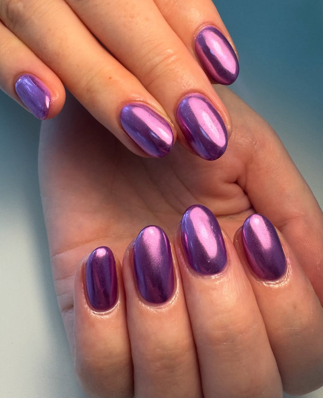 Vibrant Purple Chrome Oval Vacation Nails