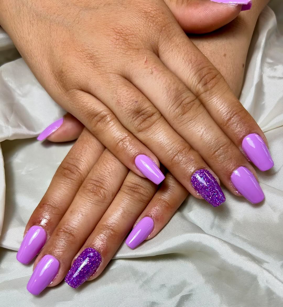 Vibrant Purple Glitter Coffin Nails