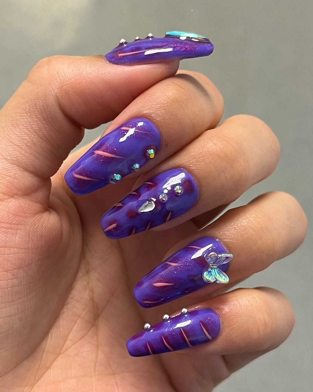 Vibrant Purple Jelly Mermaid Coffin Nails with 3D Charms
