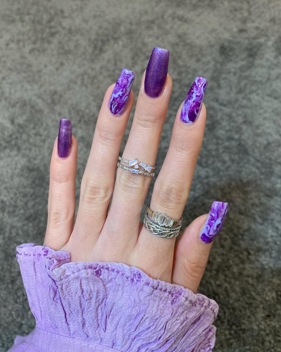 Vibrant Purple Marble Sparkle Coffin Nails